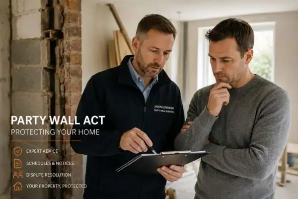 Party wall surveyor Swindon discussing extension plans with homeowner outside a UK semi-detached house.